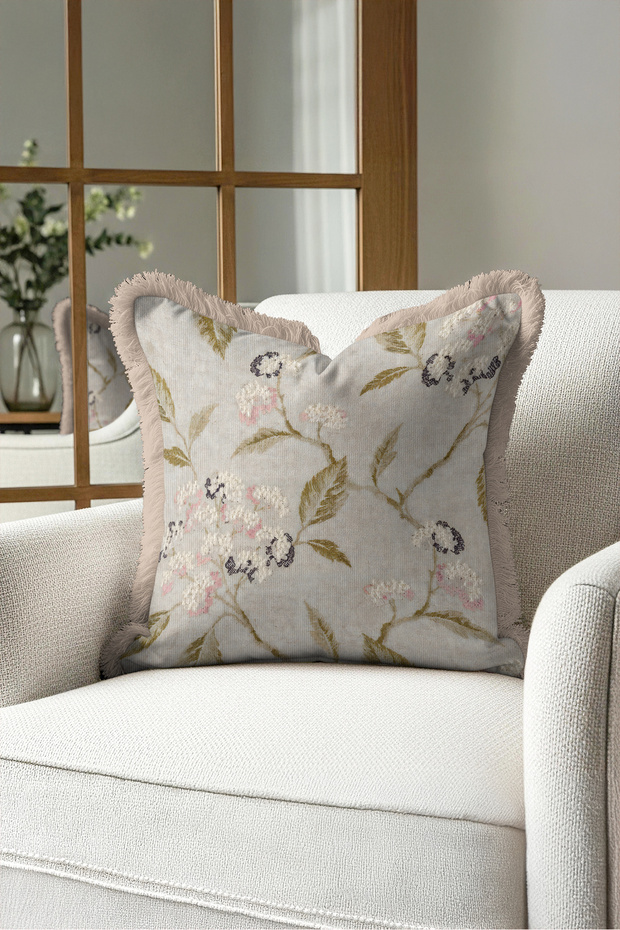 Floral Design Spring Fringed Pillowcase-Botanical Country Beige Powder Mink Tassel Throw Pillow Cover