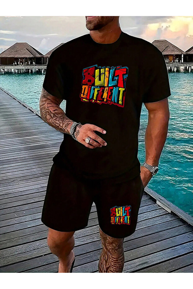 Built Different T-Shirt Shorts Koboistdin Set - Black Printed Oversize Crew Neck