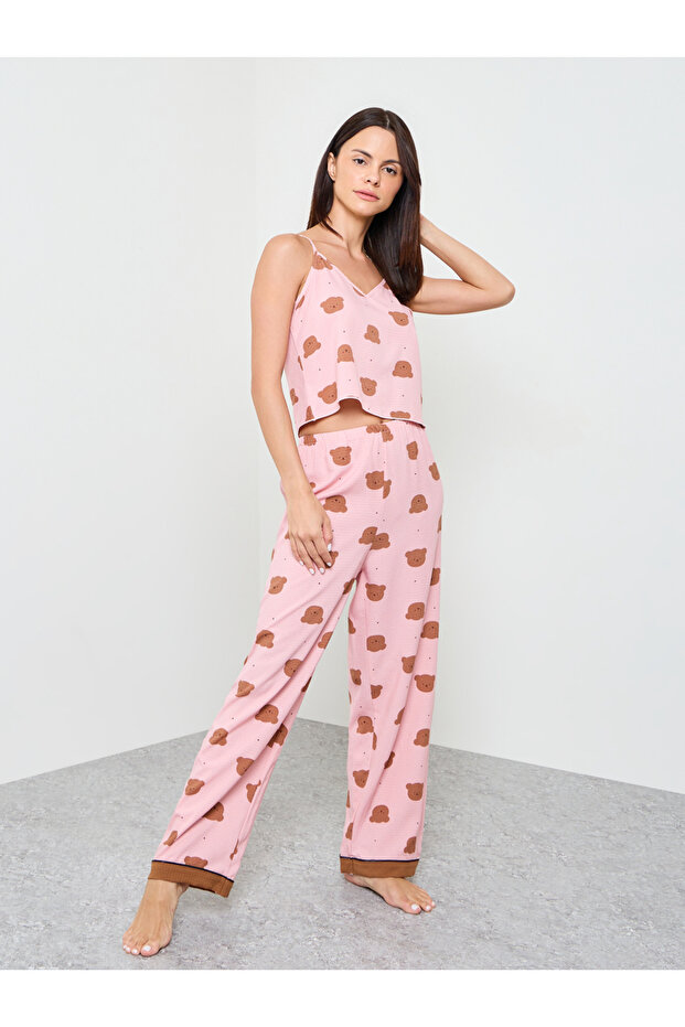 Pink Teddy Print Cami And Pyjama Set