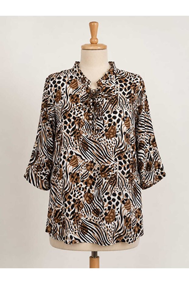 Women's High Quality Viscose Spanish Sleeve Ruffle Collar Slim Blouse