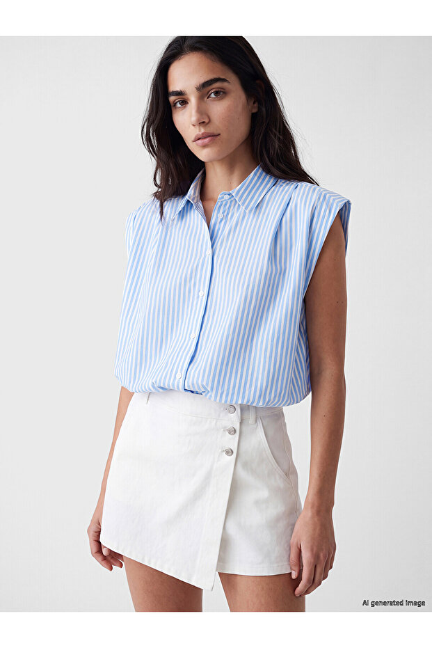 Lcw Vision Blue Striped Drawstring Women's Shirt