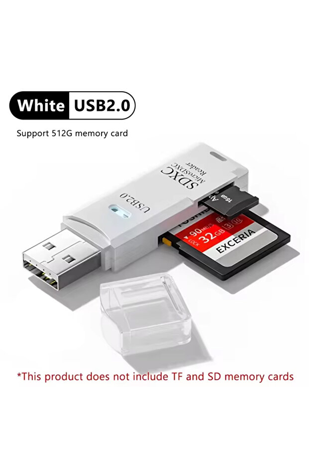 White USB 2.0 Multi Functional 2-in-1 High-speed USB 3.0/2.0 Card Reader Supports TF SD Card Memory