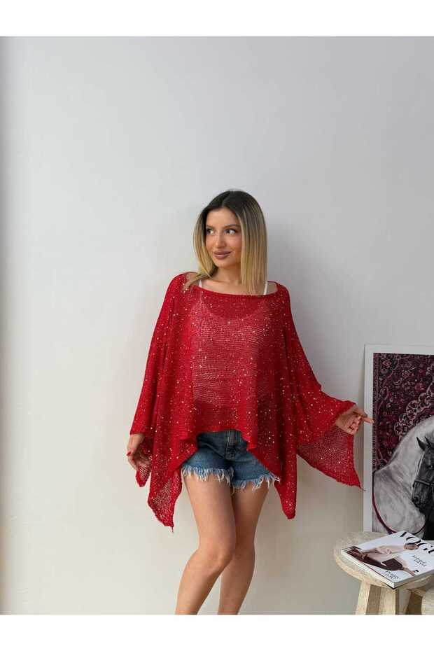 Women's Red Sequined Asymmetrical Transparent Blouse