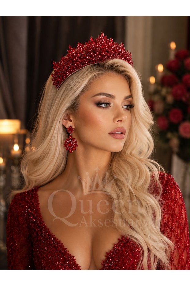 Royal Crown Thesa Burgundy Red Crystal Stone Luxury Design Engagement Bridal Metal Crown High Authentic