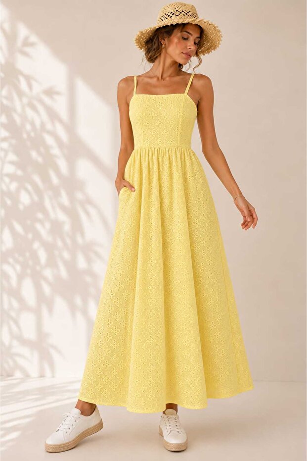 New Season Modern 100% Cotton Brode Lined Strappy Square Neck Maxi Women's Dress