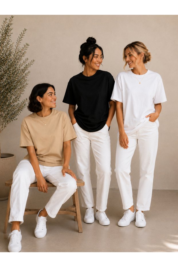 Set of 3 Beige-Black-White Oversize Women's T-Shirts - Crew Neck Cotton T-Shirt