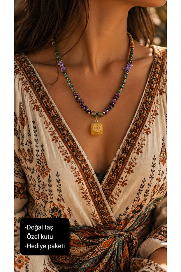 Natural Stone Amethyst, Green Agate and Yellow Agate Bohemian Necklace with Chakra Symbol Detail