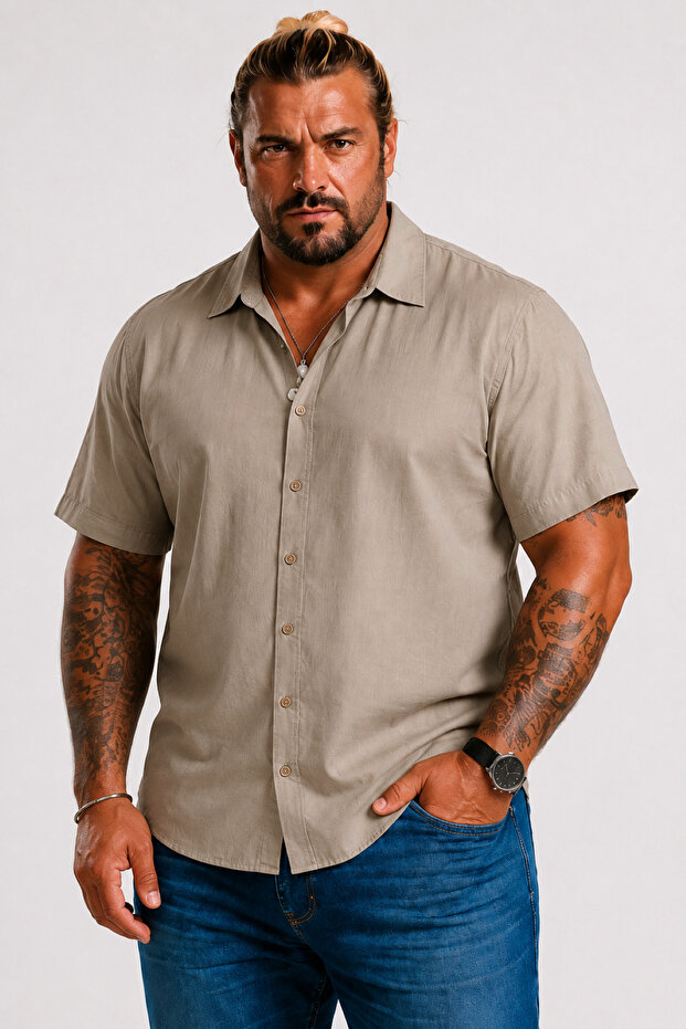 Men's Large Size Short Sleeve Pocketless Linen Shirt 11310 Beige