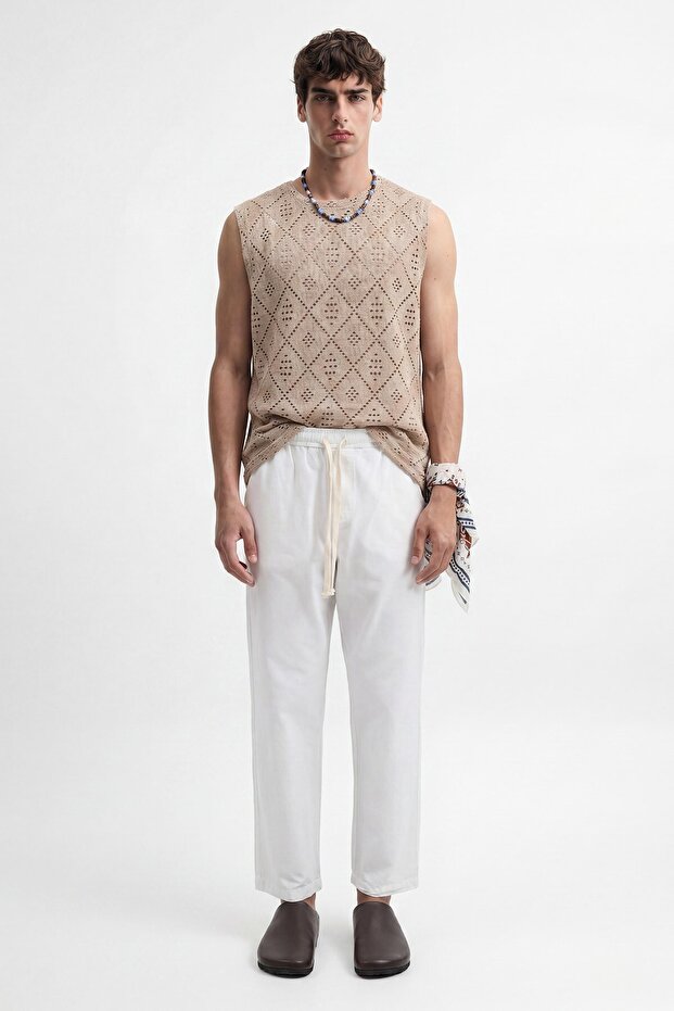 White Linen Look Elastic Waist Trousers