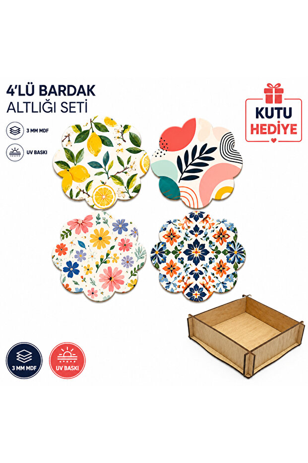 Set of 4 Flower-Shaped Mdf Coasters – 3 mm Uv Printed Decorative Wooden Coasters – Gift Boxed