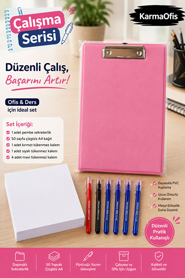 Work Series Pink Secretary Set | 50 Sheets of Unlined A4 Paper + 6 Ballpoint Pens | Color Options Available