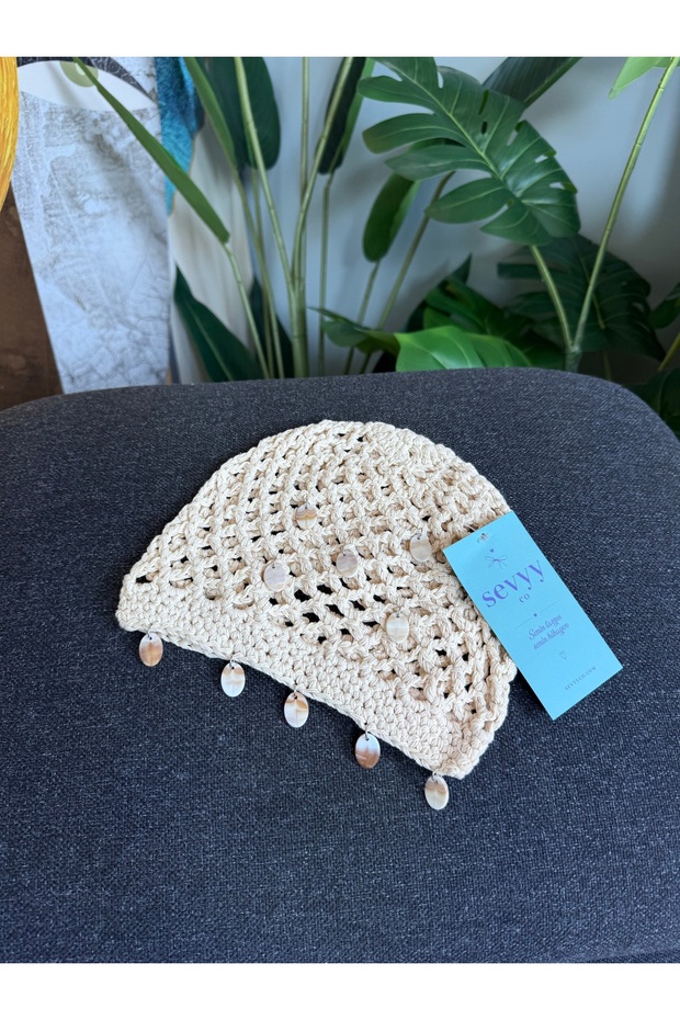 Ecru Shell Detailed Openwork Knitted Beanie – Bohemian Summer Hair Accessory