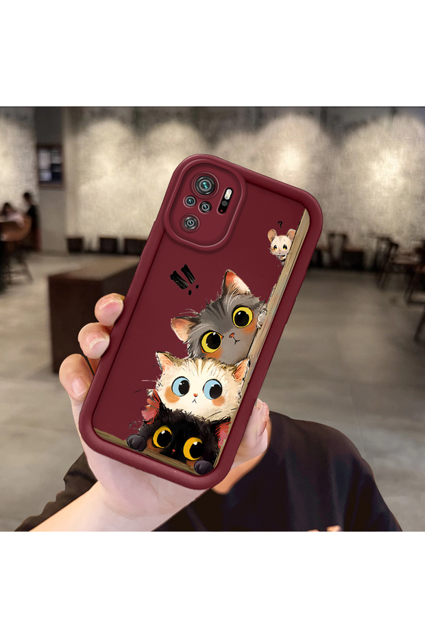 حافظة هاتف Xiaomi Redmi Note 10 متوافقة مع الكاميرا، حافظة هاتف من السيليكون باللون الأحمر الداكن، نمط قطة