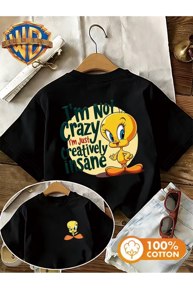 Unisex I'M Not Crazy Tweety Coast Printed Oversize Crew Neck T-Shirt