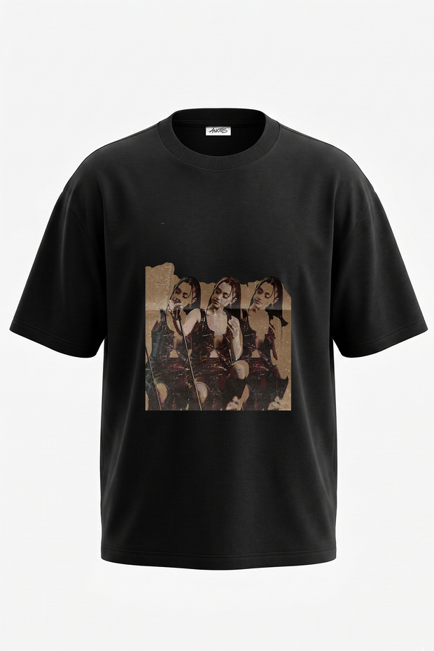Pop Singer Design Printed Oversize Black T-Shirt