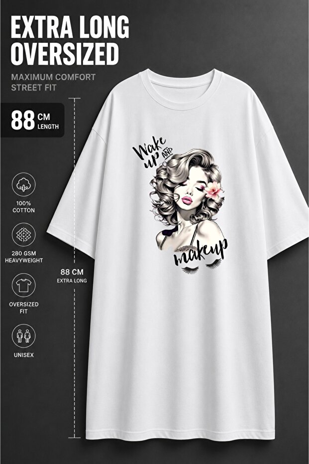 Women's Wake up and Makeup Printed Extra Long Oversize Tunic T-Shirt