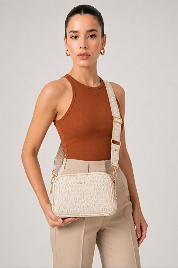 Women's Hand and Shoulder Bag with Multiple Compartments, Zipper, Logo, Cross Strap, Cream