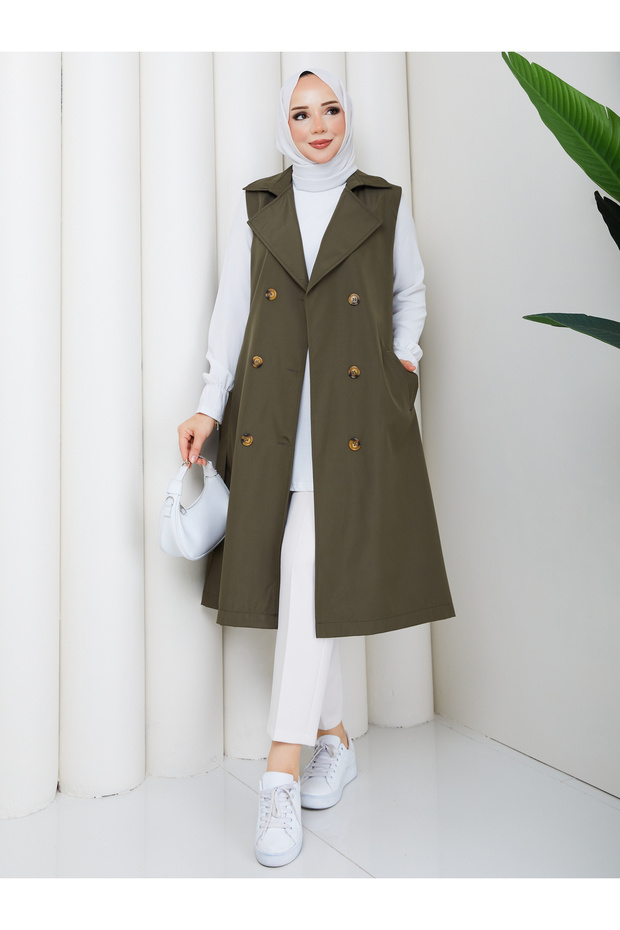Women's Double-Breasted Buttoned Belted Long Vest Rc3150