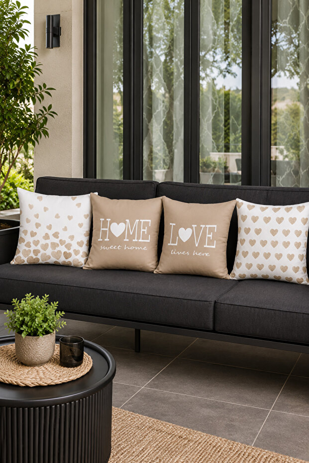 Beige Heart Patterned Love Home Set of 4 Decorative Throw Pillow Covers