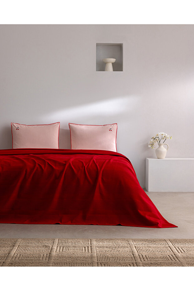 Mathilda Single 100% Cotton Embroidered Sheet Pique Set - Red
