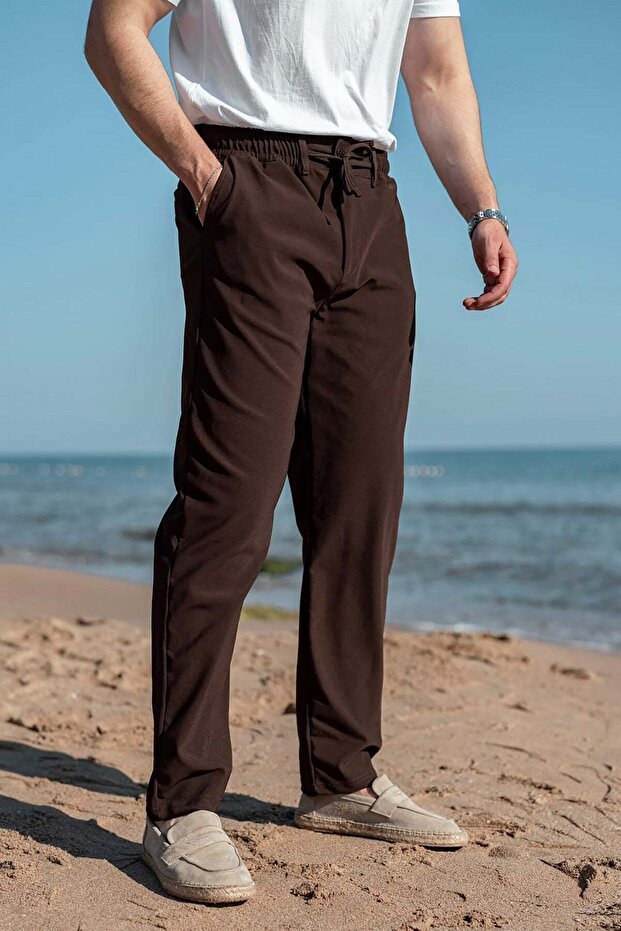 Acı Kahve Relaxed Fit Jacquard Men's Trousers with Elastic Waist E6593