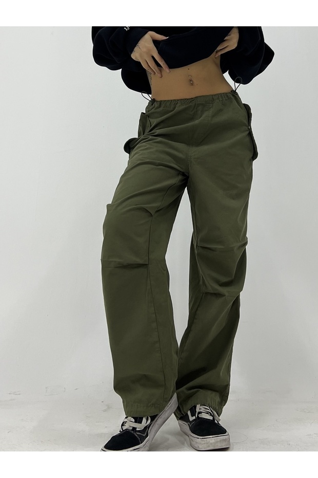 Wide Leg Khaki Fabric Cargo Pants