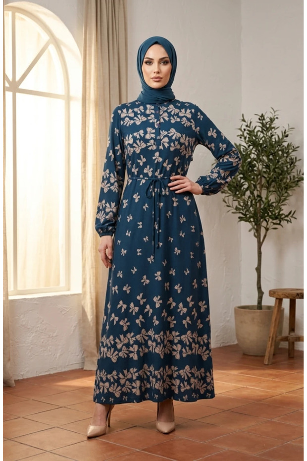 Viscose Fabric Bowknot Patterned Hijab Dress 0338-04 Petrol