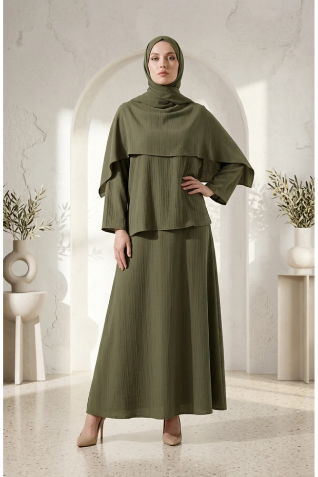 Krinkle Textured Stylish Hijab Double Set 2294-01 Khaki