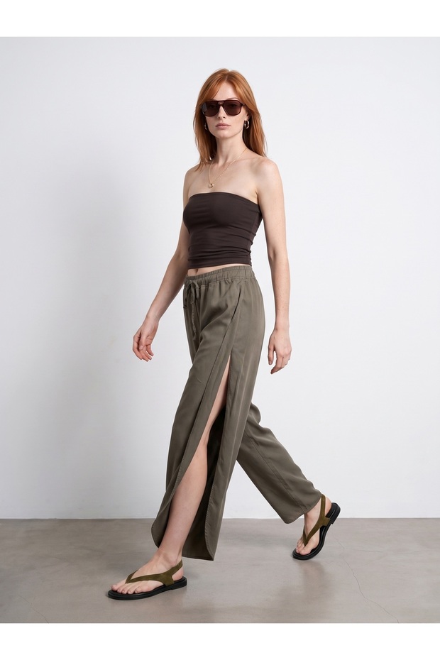 72343 100% Lyocell Side Open Trousers-Khaki