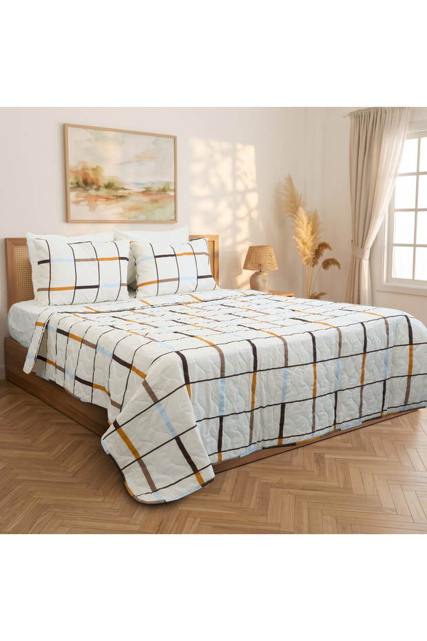 Double Sided Multi-Purpose Bedspread with Plaid Pattern 200*220 & Pique + 2 Pillowcases