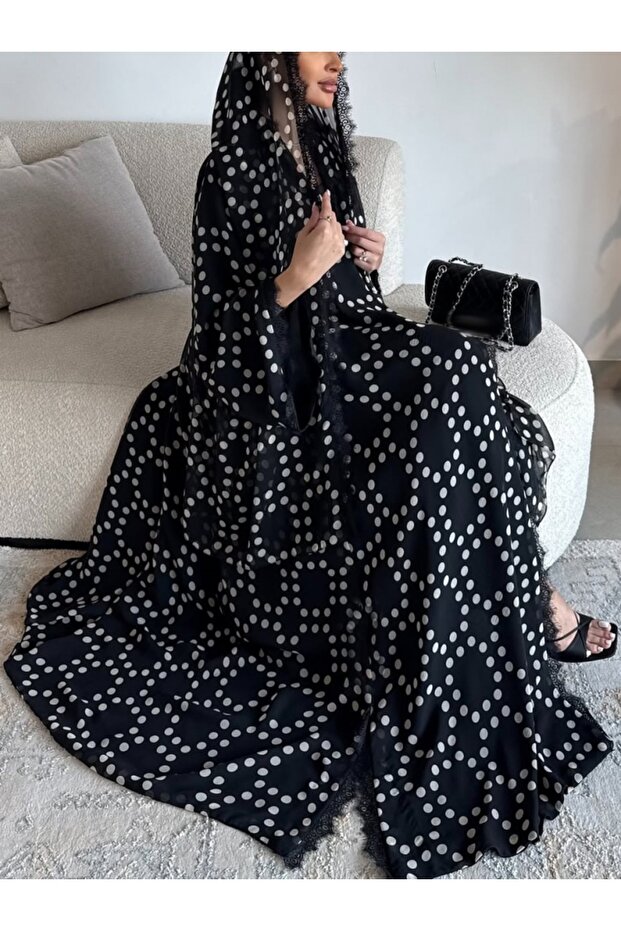 Stylish Polka Dot Lace-trimmed Abaya Set (with Matching Headscarf)