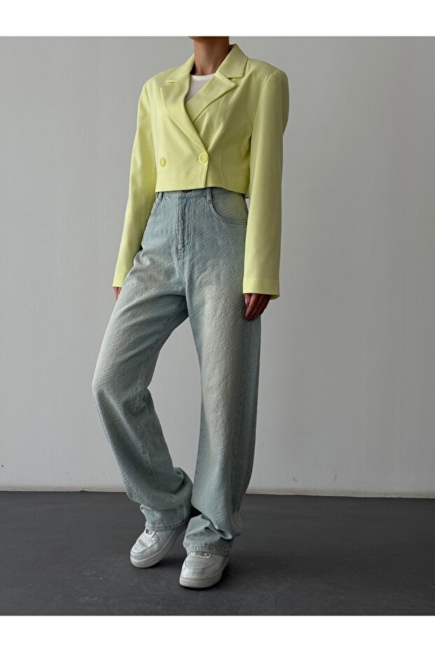 Cotton Detailed Crop Blazer Jacket Yellow