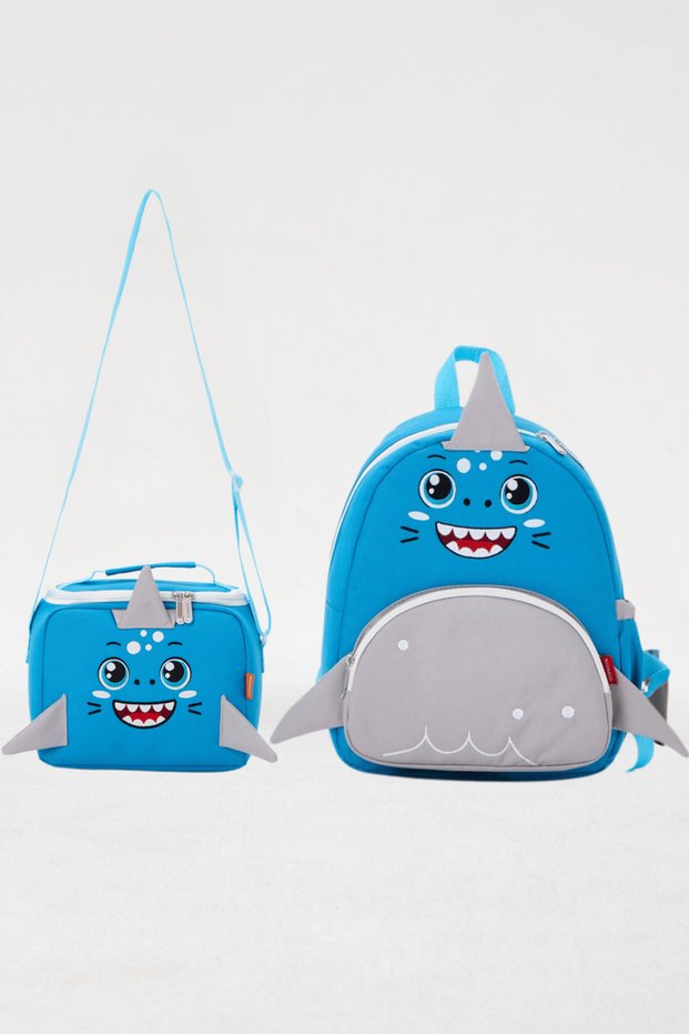 Licensed Shark Figured Blue Girls/Boys Nursery Kindergarten Backpack and Thermal Insulated Lunch Bag Set