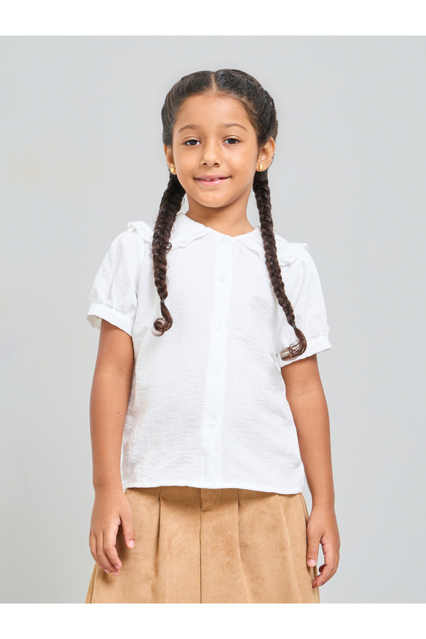 Girls White Peter Pan Collar Puff Sleeve Shirt