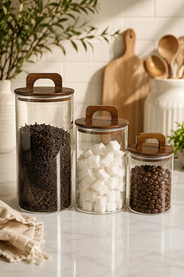 Aria - Set of 3 Borosilicate Jars with Bamboo Lids 1300 - 900 -600 ml Flat