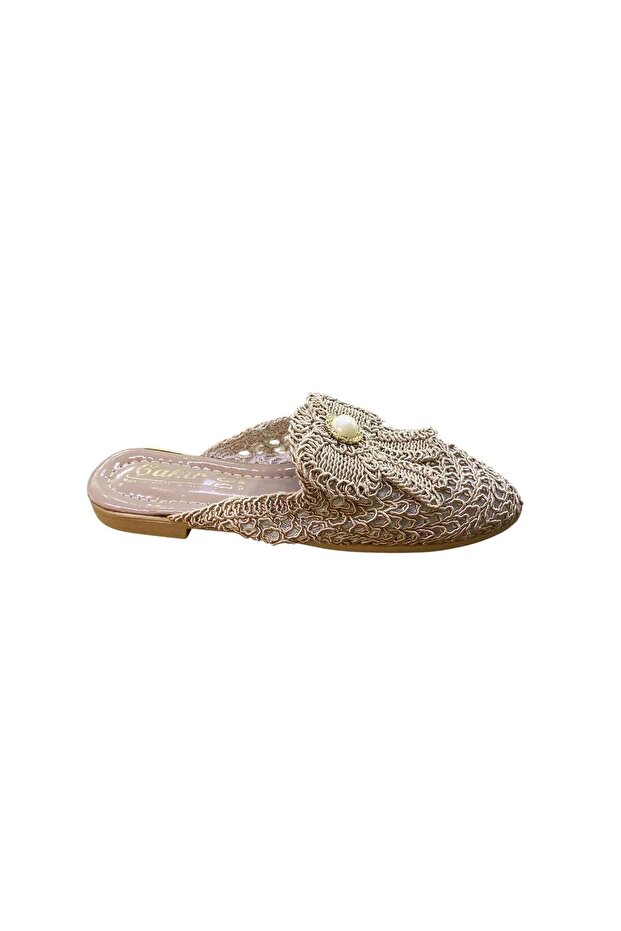 Women's Flat Thin Sole Closed Front Pearl Detailed Knitwear Slippers
