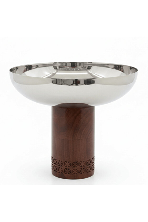 Luhpar Brown Wooden Footed Silver Stainless Steel Bowl - 21×26 cm