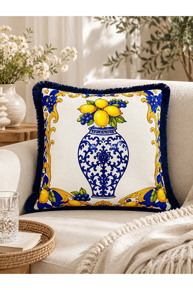 Lemon & Grape Patterned Red Tassel Decorative Throw Pillow Cover 43X43 cm