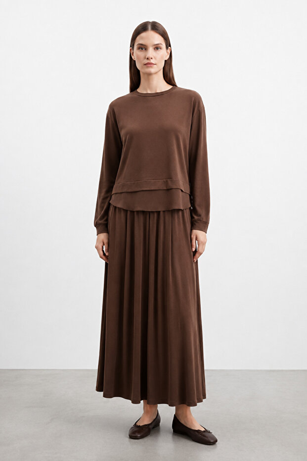 Women's Chiffon Detailed Modal Skirt Set - 14420 Brown