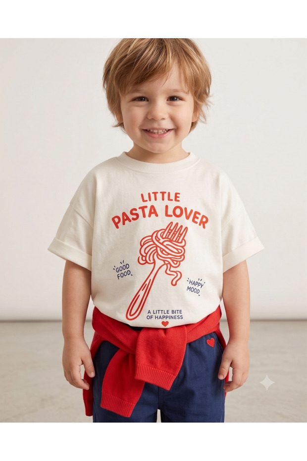 Little Pasta Lover Printed Oversize Kids T-Shirt 100% Cotton Unisex Short Sleeve