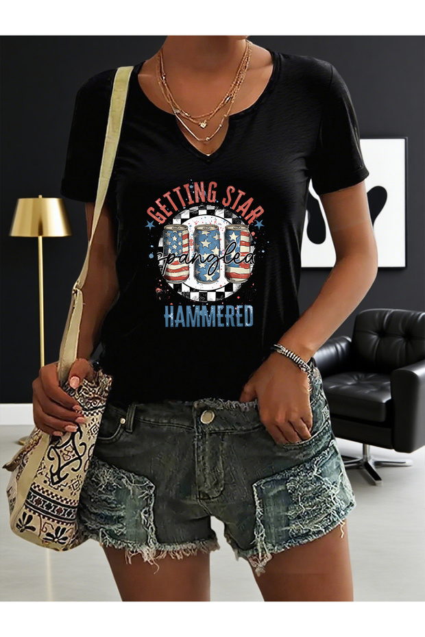 Women's Summer Printed Half V-Neck Sleeves Regular Fit Casual T-Shirt