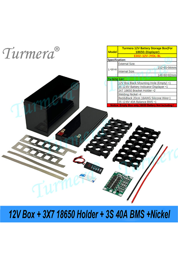 Black Box Turmera 12V Battery Storage Box with Indicator 3X7 18650 Battery Holder 40A Balance BMS We