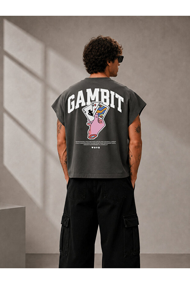 Gambit Printed Oversize Worker Boxy Fit Sleeveless Crew Neck T-Shirt