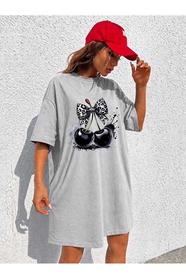 Women's Extra Long Oversize Leopard Bow Cherry Printed T-Shirt