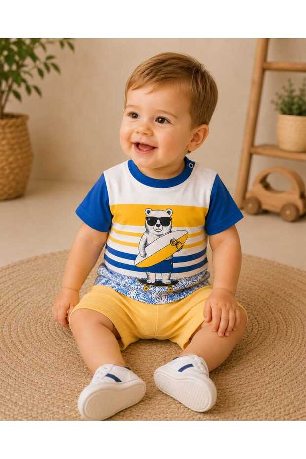 100% Cotton Pocketed Surfer Teddy Bear Top and Bottom Two-Piece Baby Set