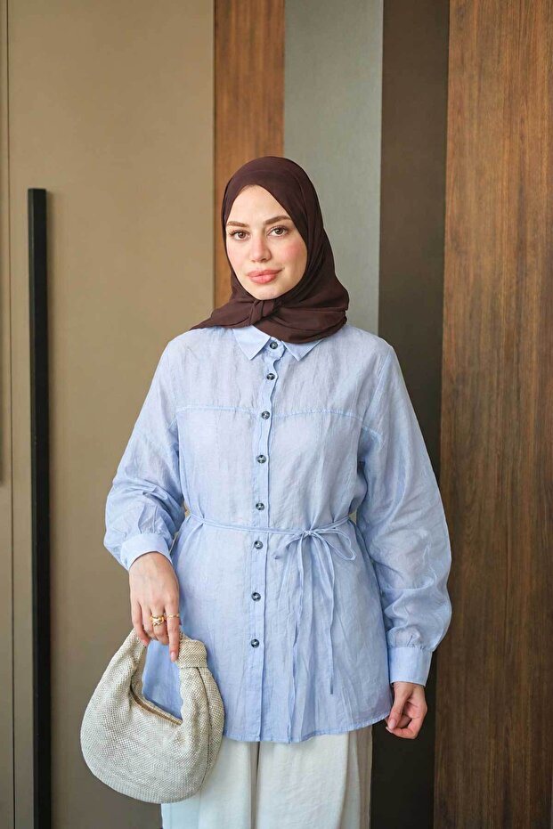 Women's Front Hem Detail Waist Tie Shirt Light Blue