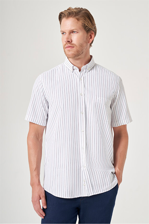 White-Burgundy Buttoned Collar Short Sleeve Pocketed Oxford Comfort Fit Cotton Shirt 1004260187