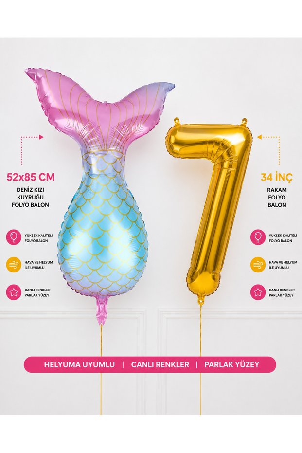 Gold Number Foil Balloon and Mermaid Tail Foil Balloon Set Helium Compatible 2-Piece Party Balloon Set