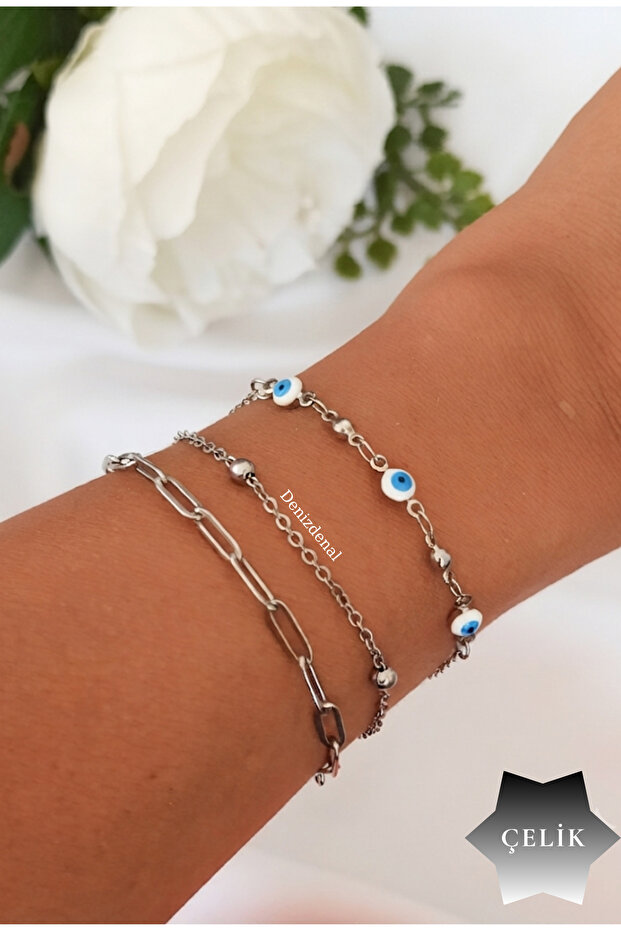 Anti-Tarnish Steel Evil Eye Beaded Bracelet Set