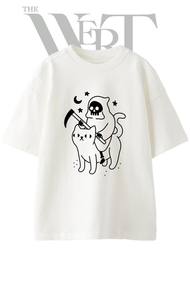 Grim Reaper Cat Design Printed Unisex White Oversize T-Shirt